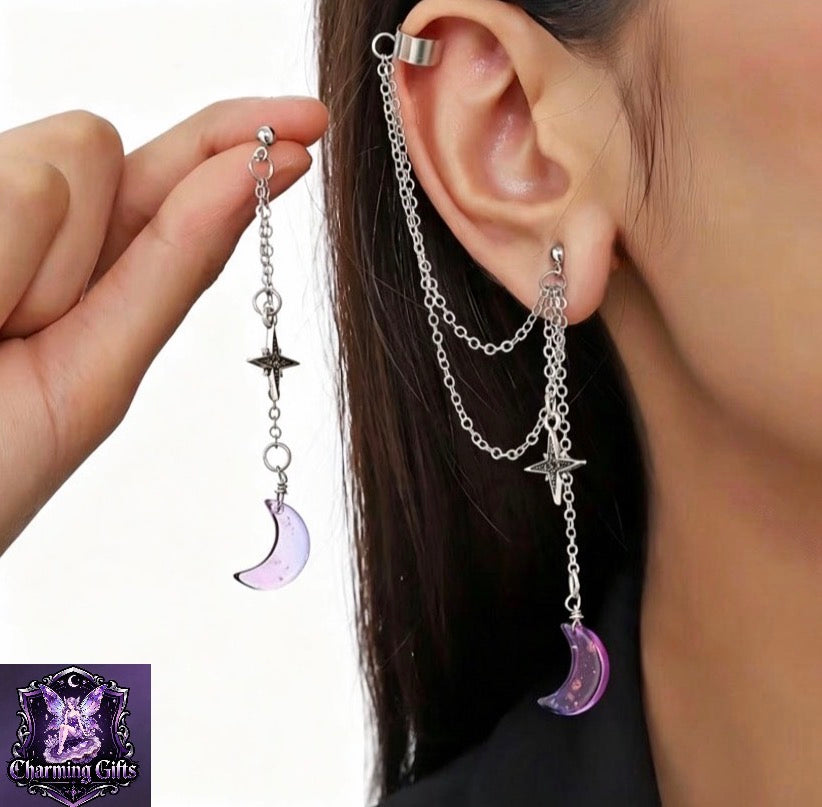 1 Pair Fashion Sweet Temperament Moon Star Chain Tassel Ear Clips Asymmetrical Stud Girl Punk Cold Style Ear Jewelry,