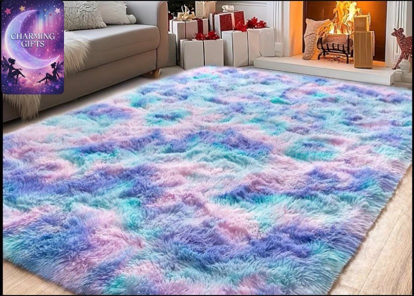Pastel Plush, Fluffy Carpet Made of Long Pile Yarn, Featuring a Tie-Dye Design in Blue Hues, Perfect for Bedrooms And Living Rooms Indoors 120cmx160cm