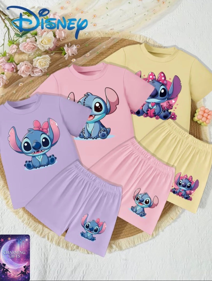 Disney 6pcs Set, Stitch Cartoon Print, Girls' Clothing, Summer Casual Cute Round Neck Short Sleeve and Shorts Outfit, Eye-Catching Daily Wear, Perfect for Outdoor
