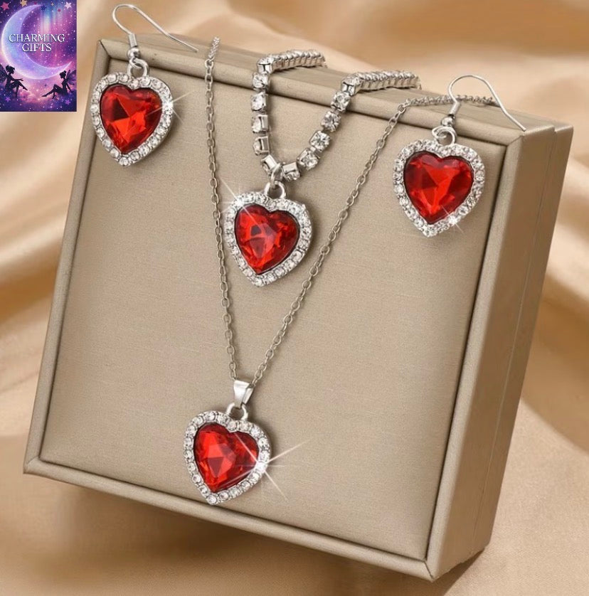 Fashionable And Easy Peach Heart Necklace, Earrings, And Bracelet 4pcs Set, Valentine'S Day, Christmas, Girlfriend, Best Friend Gift (Product Does Not Include Box)