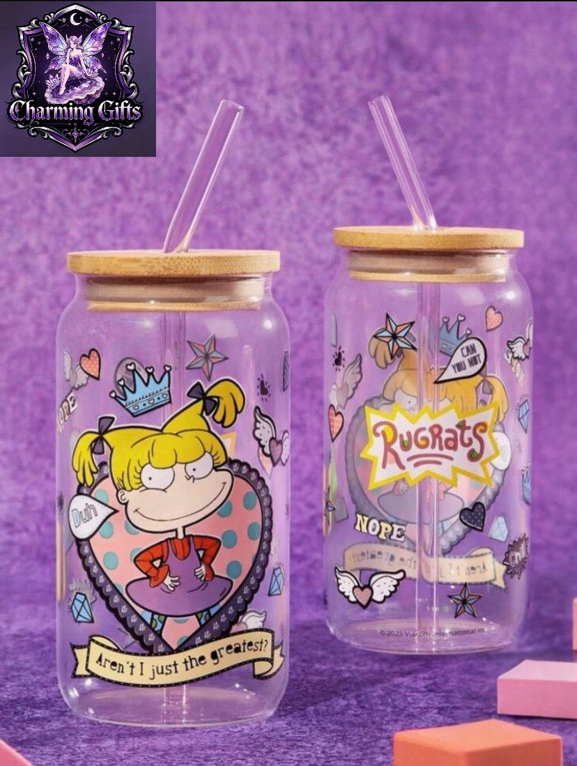 Nick 90s | Rugrats 1pc 500ml/17.6oz Cartoon Figure Graphic Glass Cup With Straw Cleaning Brush, Heat & Cold Resistant, Suitable For Milk, Juice Etc.