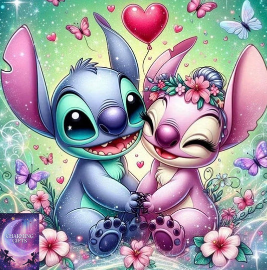 1pc Large Round Diamond Painting Kit Stitch And Angel 5D Disney Anime Character Room Wall Decoration, Handmade Art, Suitable for Birthday, Christmas, Halloween, Independence Day, Anniversary Gifts