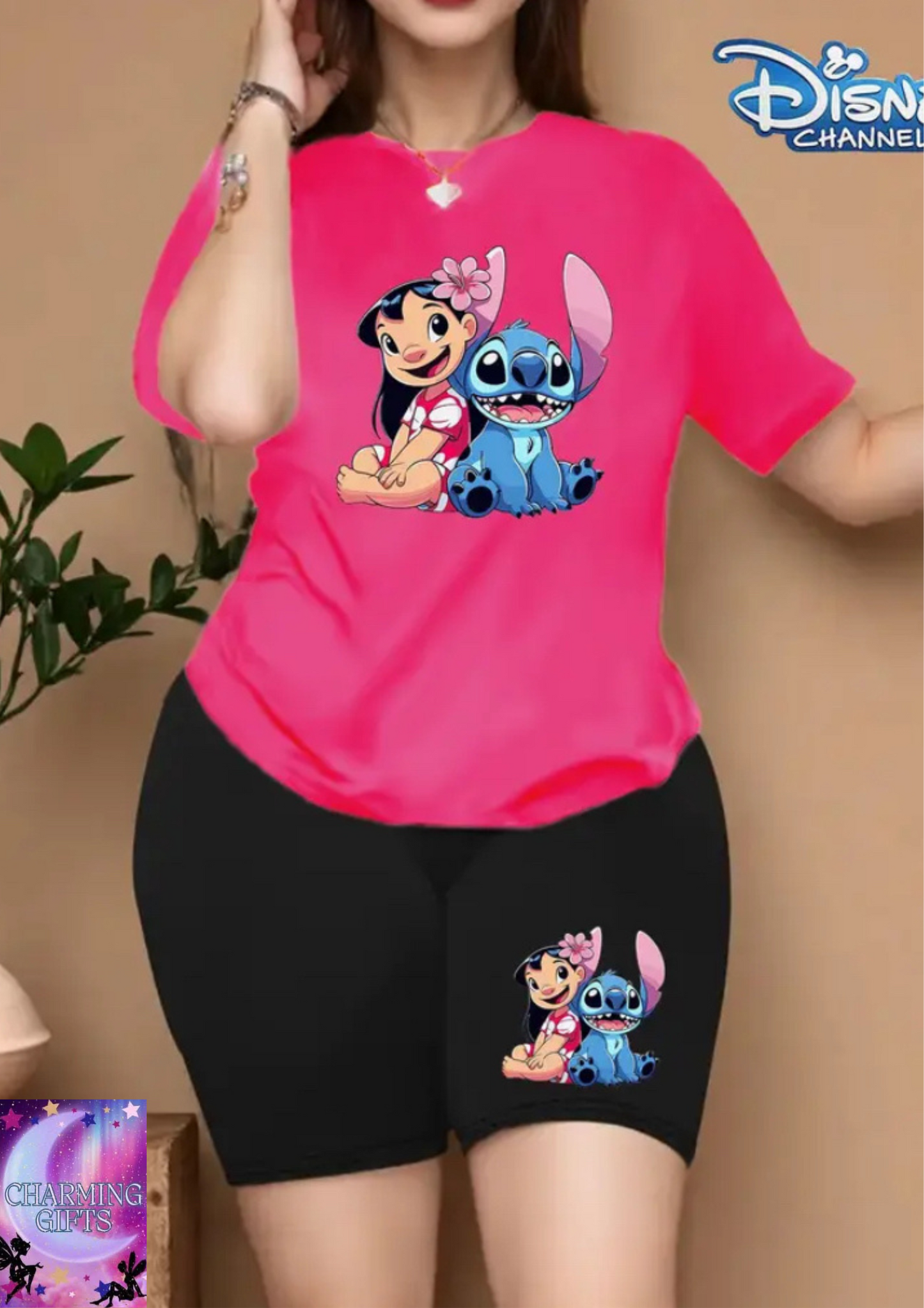 Disney Series Lilo and Stitch Printed Short Sleeve Women's, Plus Size Women's Round Neck T-Shirt Shorts Set, Simple and Fashionable Summer Casual Sports Two Piece Suit Perfect choice!