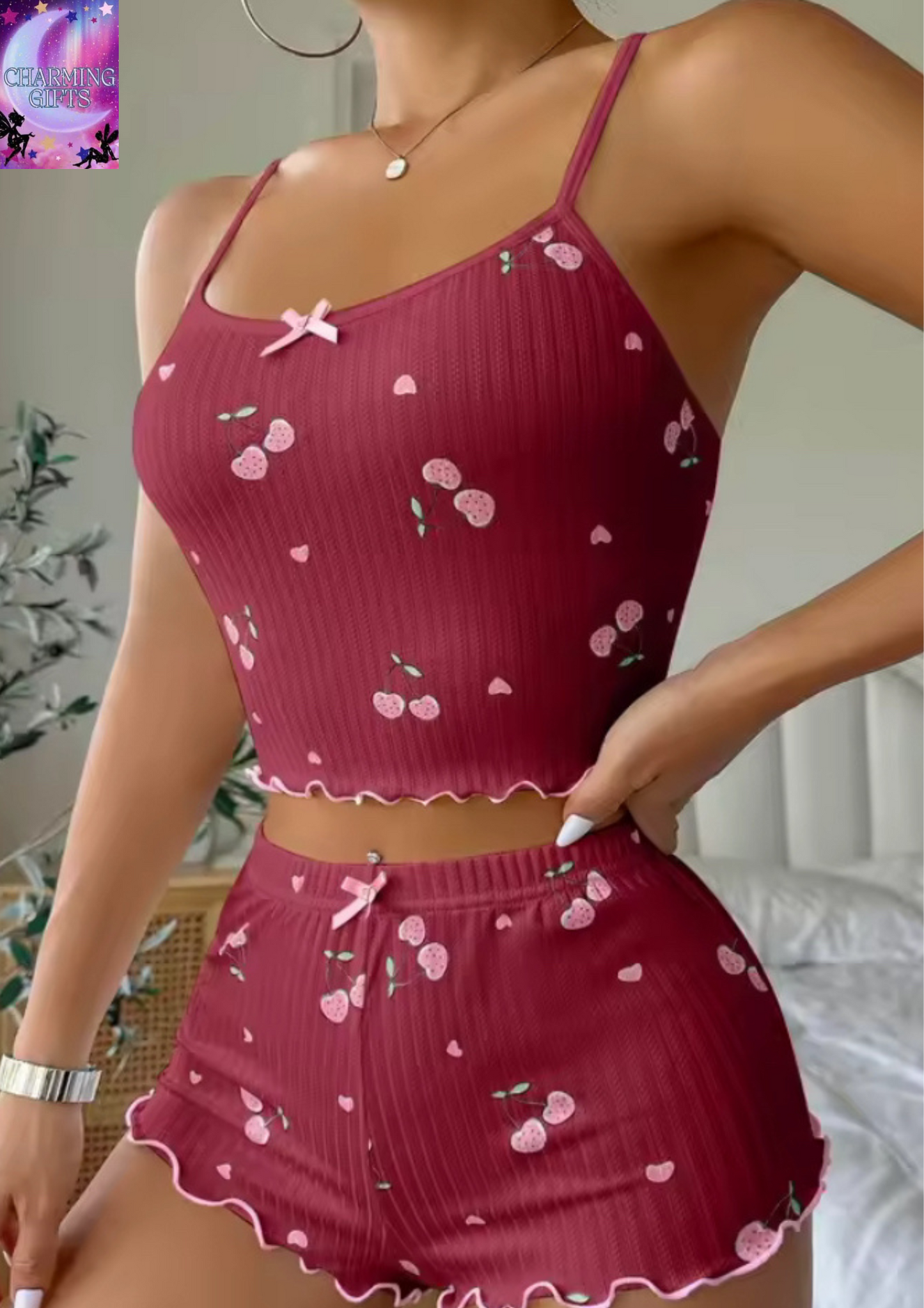 Sleepwear Women's Summer Pajama Set Heart Print Sexy Ribbed Bow Decor Round Neck Backless Crop Cami Top & Shorts Nightwear