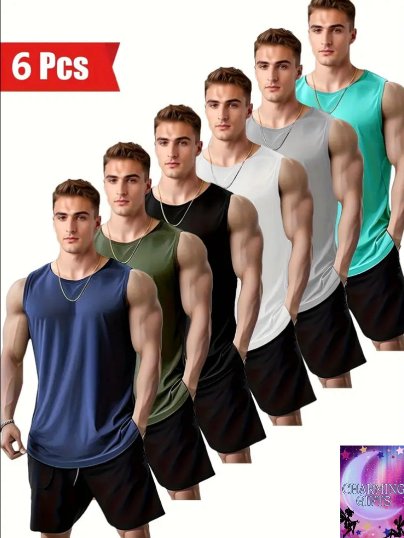 6pcs Men'S Athletic Tank Tops - Breathable, Quick-Dry, Mesh Sports T-Shirts for Running, Fitness, and Casual Wear - Black, White, Green, Blue, Turquoise, Athletic Apparel | Modern Casual Wear | Polyester Fabric