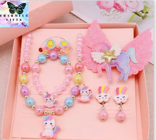 8pcs/set Baby Girls Beads Necklace Set Rainbow Unicorn Pendant Child Kids Adjustable Lovely Necklace Charm Chunky Jewelry Gifts