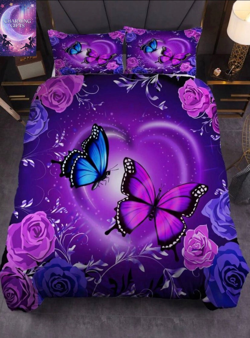 3pcs Duvet Cover Set, Flower Butterfly Rose Print Bedding Set, Soft Comfortable Duvet Cover, For Bedroom, Guest Room (1*Duvet Cover + 2*Pillowcases, double