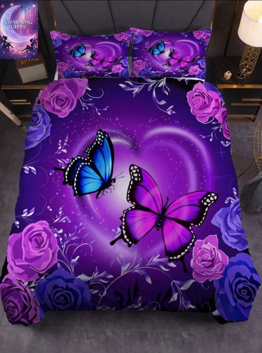 3pcs Duvet Cover Set, Flower Butterfly Rose Print Bedding Set, Soft Comfortable Duvet Cover, For Bedroom, Guest Room (1*Duvet Cover + 2*Pillowcases, double