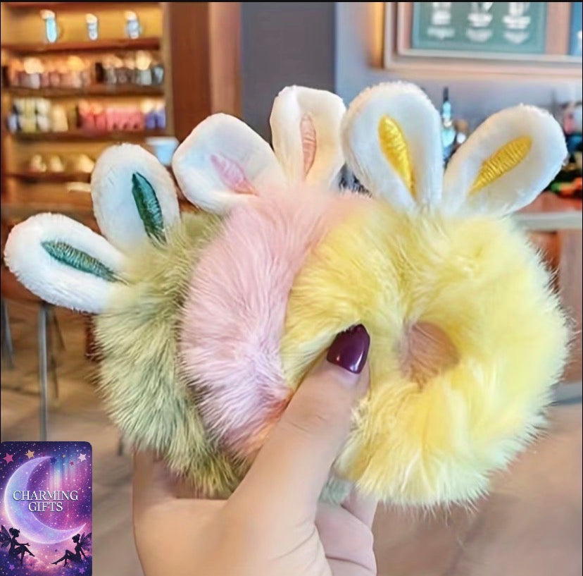 4pcs Set of Girls' Cute Plush Rabbit Ears Hair Rings Elastic Headband Hair Accessories Colors sent  at Random