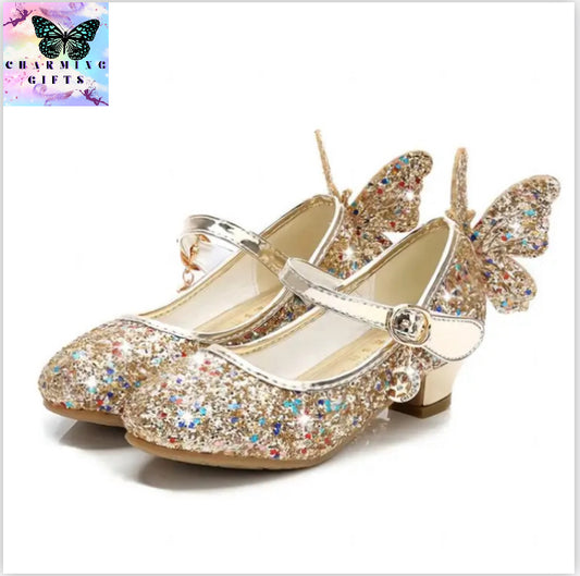 Princess Butterfly Leather Shoes Kids Diamond Bowknot High Heel Children Girl Dance Glitter Shoes Fashion Girls Party Dance Shoe