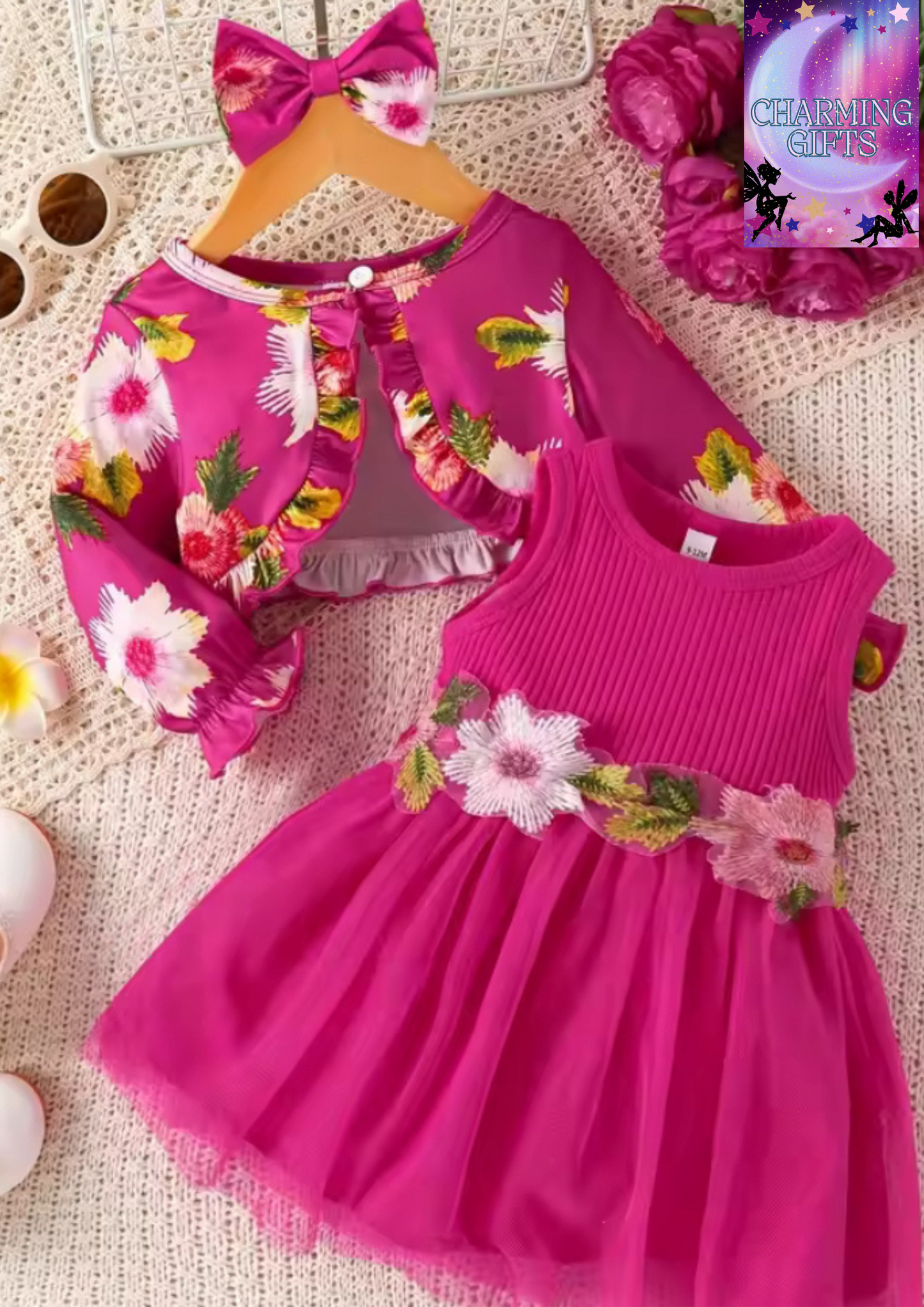 New Baby Girl Spring and Autumn Style Sleeveless Waist Flower Design Spliced Dress+Small Coat