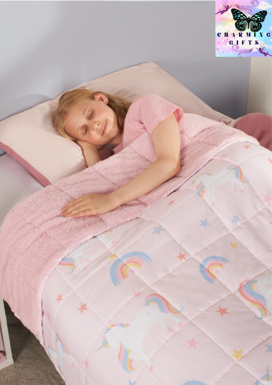 Kids Teddy Fleece Unicorn Weighted Blanket, Blush - 3kg