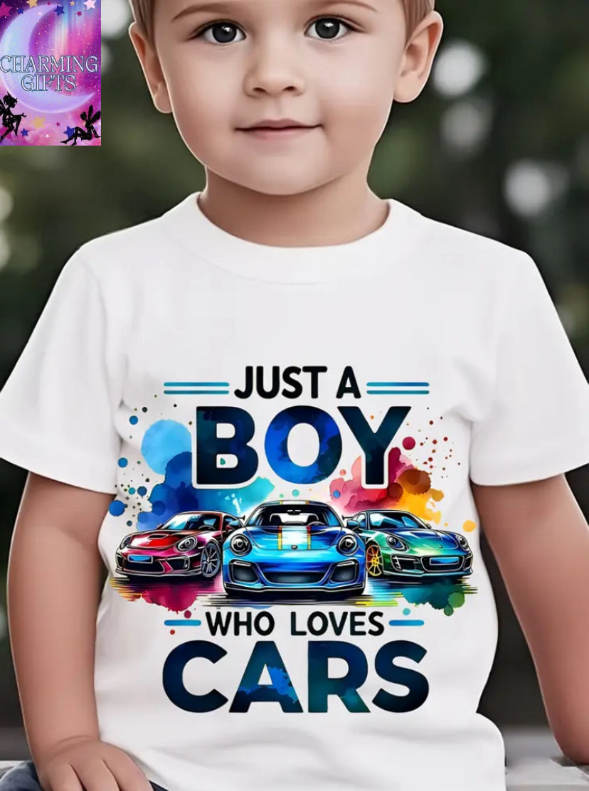 [Boys' Cartoon Car T-Shirt] 100% Polyester Boys' Sporty Cartoon Car Graphic T-Shirt | Short Sleeve Tee with Vibrant Racing Cars & "Just a Boy Who Loves Cars" Design, Regular Fit Round Neck Top for Youngsters, Spring Summer Fall Casual Wear, Ideal Gift for
