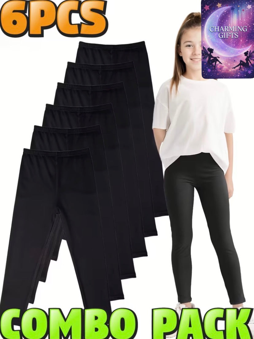 6-Pack of Girls' Black Easy And Versatile Comfortable Leggings for Kids, Perfect for Layering