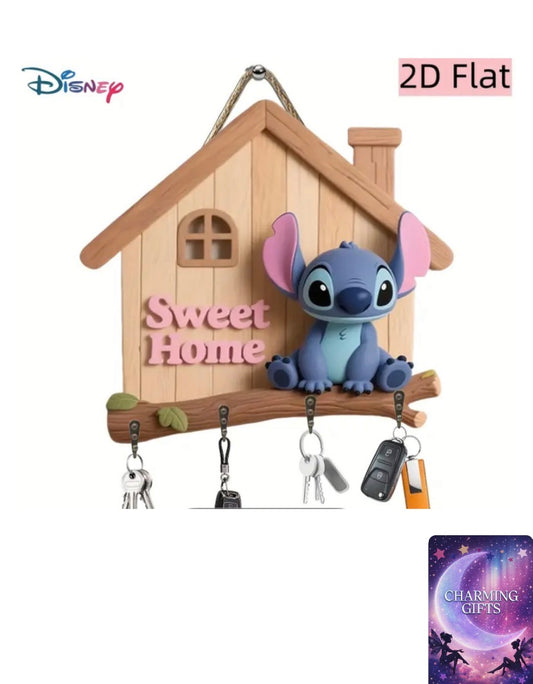1pc 2D Disney Stitch House Sweet Home Wooden Home Welcome Sign Decor Hook, Wooden Keychain with Four Metal Hooks, Two-Dimensional Design Wall Decoration, Porch Decor, Room Decor, Villa Decor, Multipurpose Household Decoration, All-Seasons, Two-Dimensional