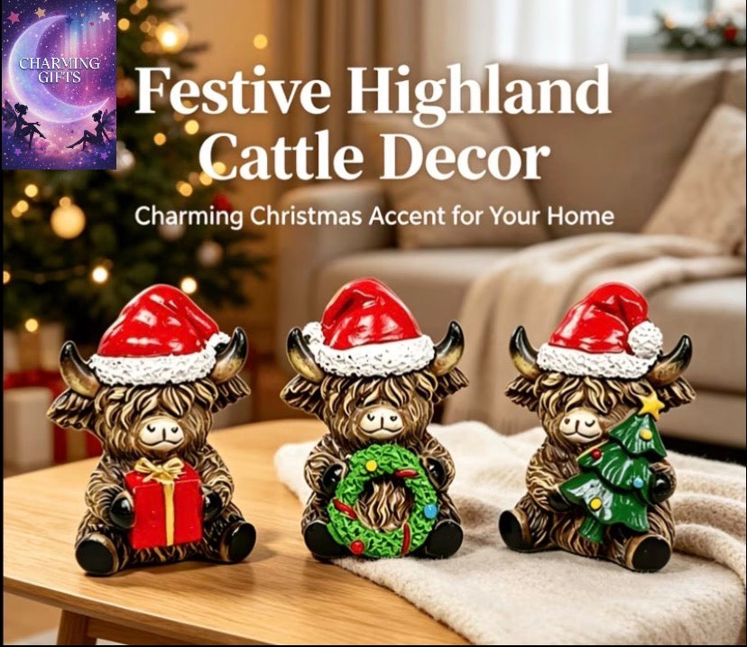 3pcs Set Christmas Highland Cow Statue Ornaments, Resin cow with Gifts, Wreath, and Mini Christmas Tree Accents, Farmhouse Style Table and Fireplace Decor, Indoor Home Holiday Decoration Gift