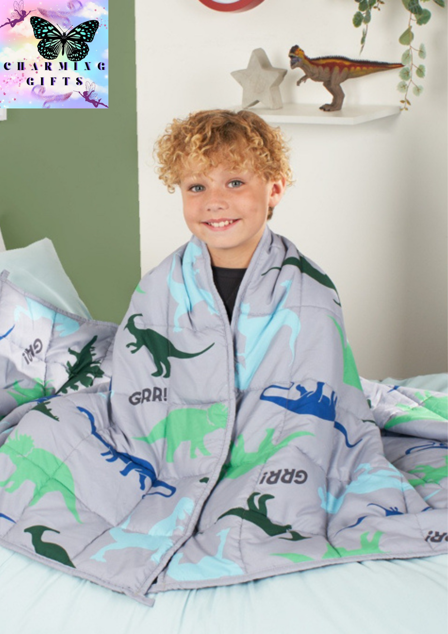 Kids Teddy Fleece Dinosaur Weighted Blanket, Grey - 3kg