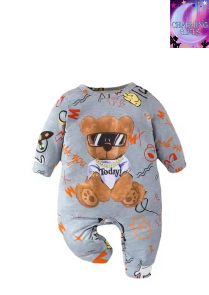 Newborn Baby Unisex Clothes 1 to 24Months Cartoon Cool Bear Tiny Button Onesies For Baby Boy Long Sleeve Infant Romper