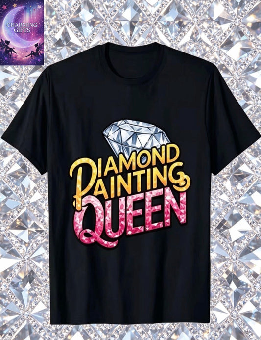 "DIAMOND PAINTING QUEEN" Rhinestone T-Shirt - 2D Print Round Neck Short Sleeve Casual Summer Tee with Diamond for Hobbyists, Machine Washable Black Top