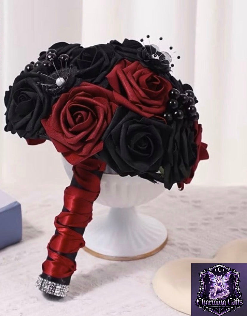 Gothic Wedding Bouquet with Artificial Black Roses - PE Fake Flower Bouquet Suitable for Bridal, Bridesmaid, Gothic Themed Weddings,, Prom, Funeral Decorations - Realistic Black Rose Arrangement for Year-Round Display