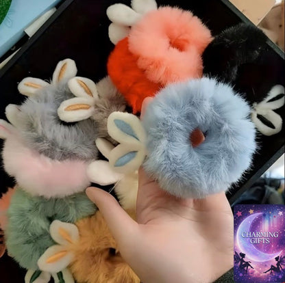 4pcs Set of Girls' Cute Plush Rabbit Ears Hair Rings Elastic Headband Hair Accessories Colors sent  at Random