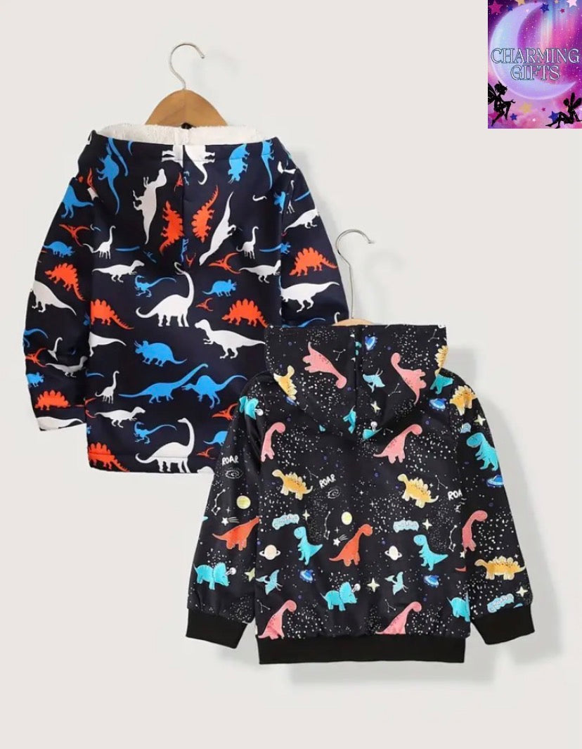 Boys' 2pcs Dinosaur Print Fleece-Lined Hooded Jackets - Casual, Machine Washable for Fall/Winter