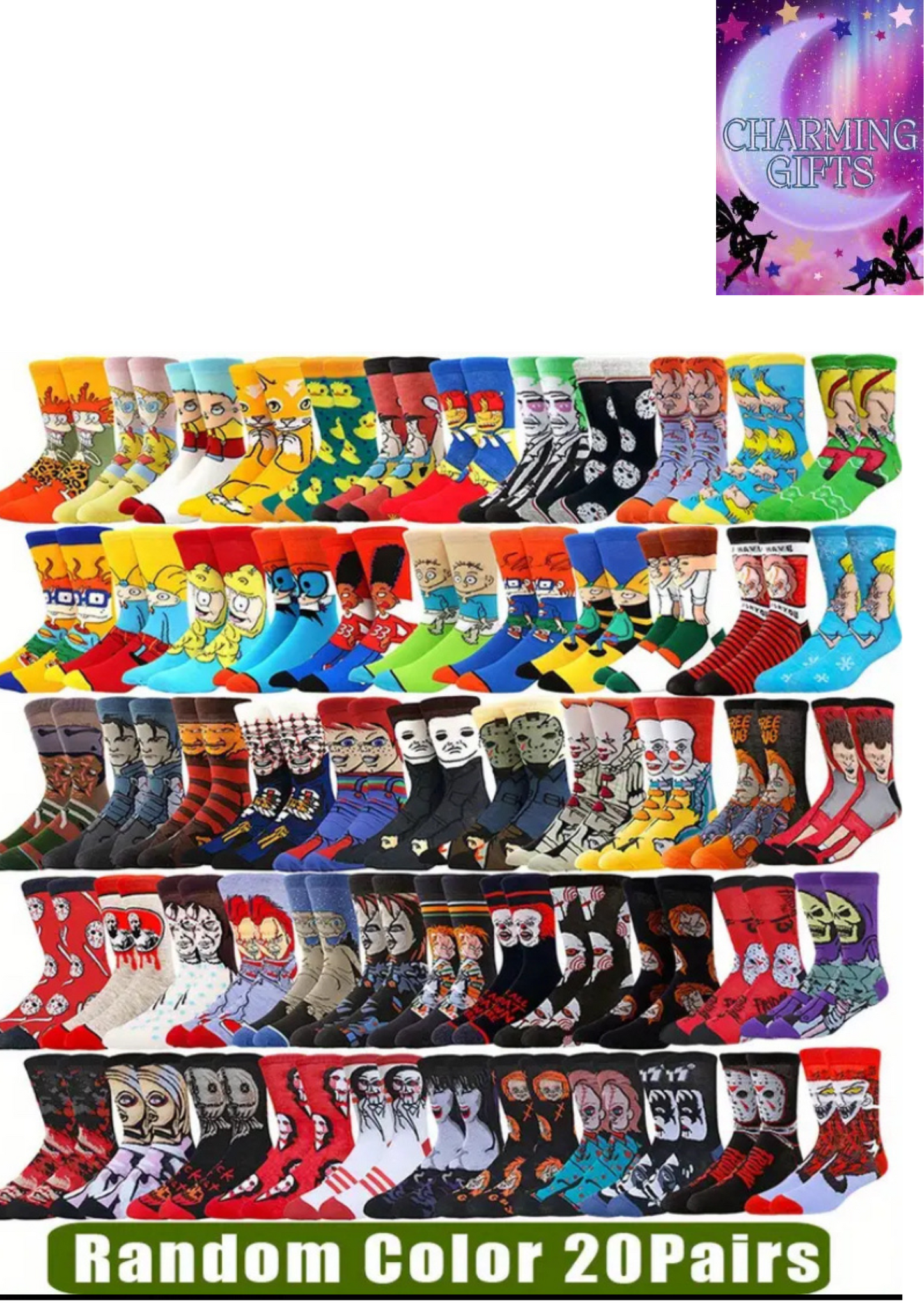 One size Cartoon Anime Socks] 20 Pairs Trendy Cartoon Anime Crew Socks | Bold Character Prints, Hip Hop Street Style, Random Color Options for Men & Women, Machine Washable, Cute Novelty Playful Durable Socks