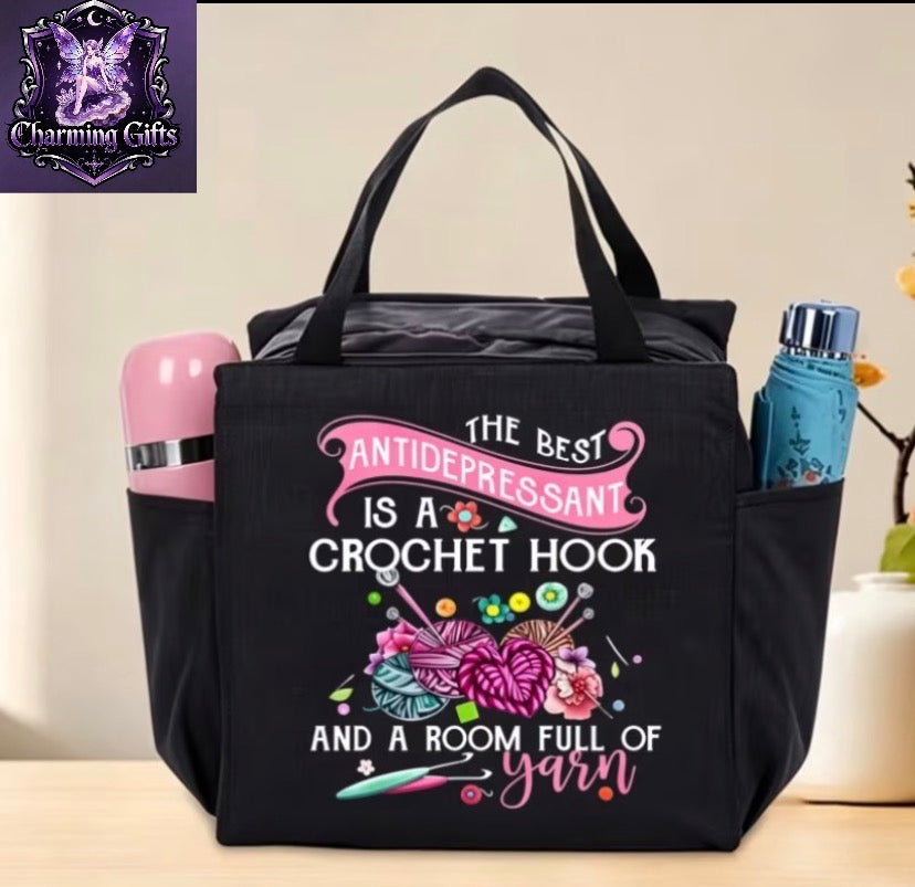 Crochet Yarn Theme Printed Large Capacity Bag, Multi-Functional Storage Handbag, Easy Commuter Style, Side Pockets for Water Bottle And Umbrella, Comfortable Wide Handles, Durable Fabric; Suitable for Daily Commute, Shopping Outings