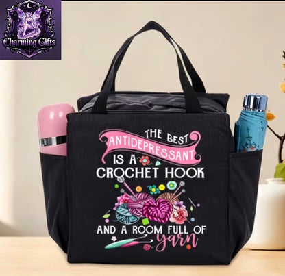 Crochet Yarn Theme Printed Large Capacity Bag, Multi-Functional Storage Handbag, Easy Commuter Style, Side Pockets for Water Bottle And Umbrella, Comfortable Wide Handles, Durable Fabric; Suitable for Daily Commute, Shopping Outings