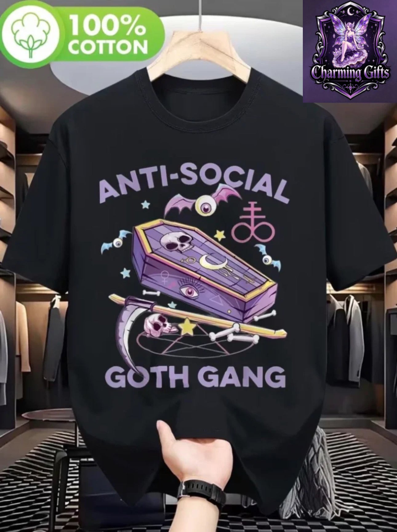 Anti-Social Goth Gang Gothic Graphic T-Shirt - Heavyweight 180gsm Oversized Unisex Tee with Purple & Black Skull & Bat Design, Loose Fit Streetwear for Men & Women - Edgy Concert Outfit, All-Season Comfort, Breathable Statement Top for Alternative
