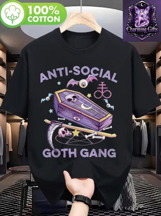 Anti-Social Goth Gang Gothic Graphic T-Shirt - Heavyweight 180gsm Oversized Unisex Tee with Purple & Black Skull & Bat Design, Loose Fit Streetwear for Men & Women - Edgy Concert Outfit, All-Season Comfort, Breathable Statement Top for Alternative