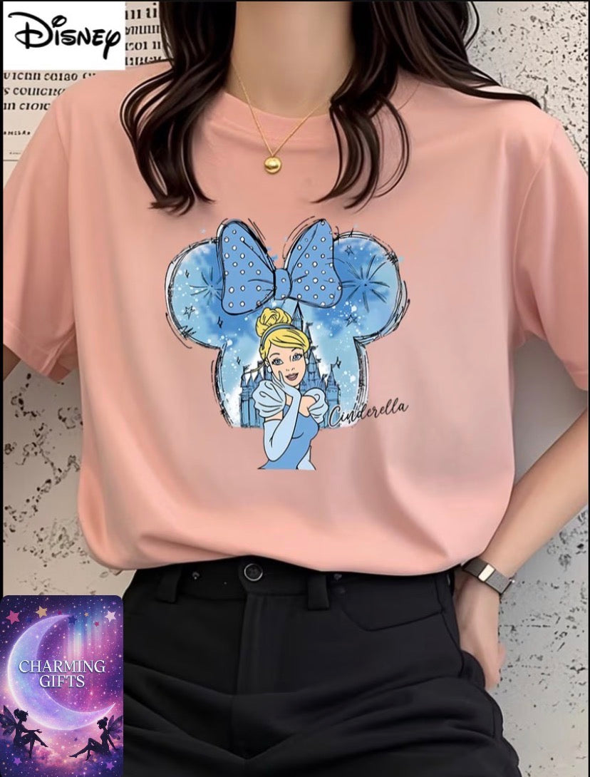 Women's Officially Licensed Disney Cinderella & Minnie Mouse Bow Print T-Shirt - Short Sleeve Summer Top with Iconic Princess & Mickey Ears Design, Casual Gift for &
