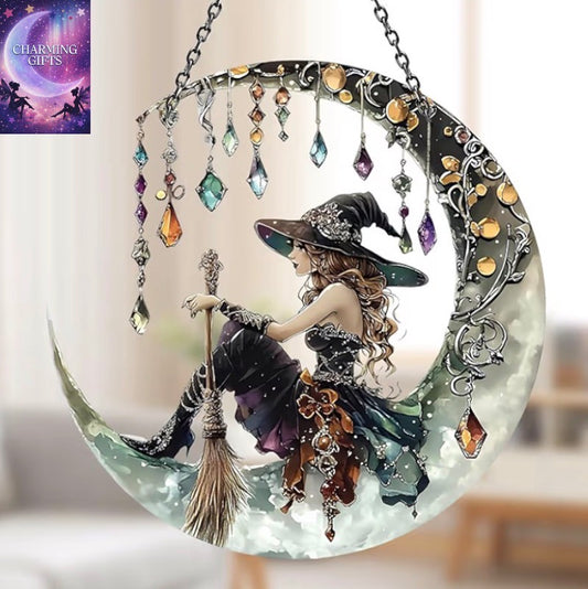 Mystical Witch Sun Catcher, Colorful Acrylic Stained Glass Effect Window Hanging Suncatcher, Gothic Moon Witch Statue Decor, Window Sun Catchers for Home Wall Art and Witch Gifts (Witch Design)
