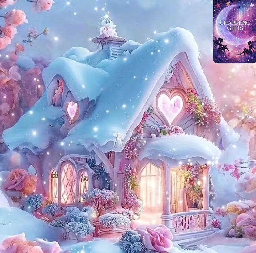5D Diamond Painting Kit - Pink Cosy House Design, Round Acrylic Gems, Full Diamond Embroidery Art, Suitable for Beginners And Adults, Home Wall Decoration Crafts
