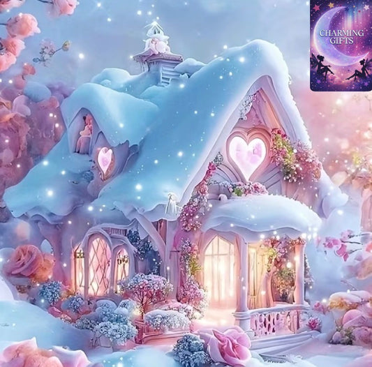 5D Diamond Painting Kit - Pink Cosy House Design, Round Acrylic Gems, Full Diamond Embroidery Art, Suitable for Beginners And Adults, Home Wall Decoration Crafts