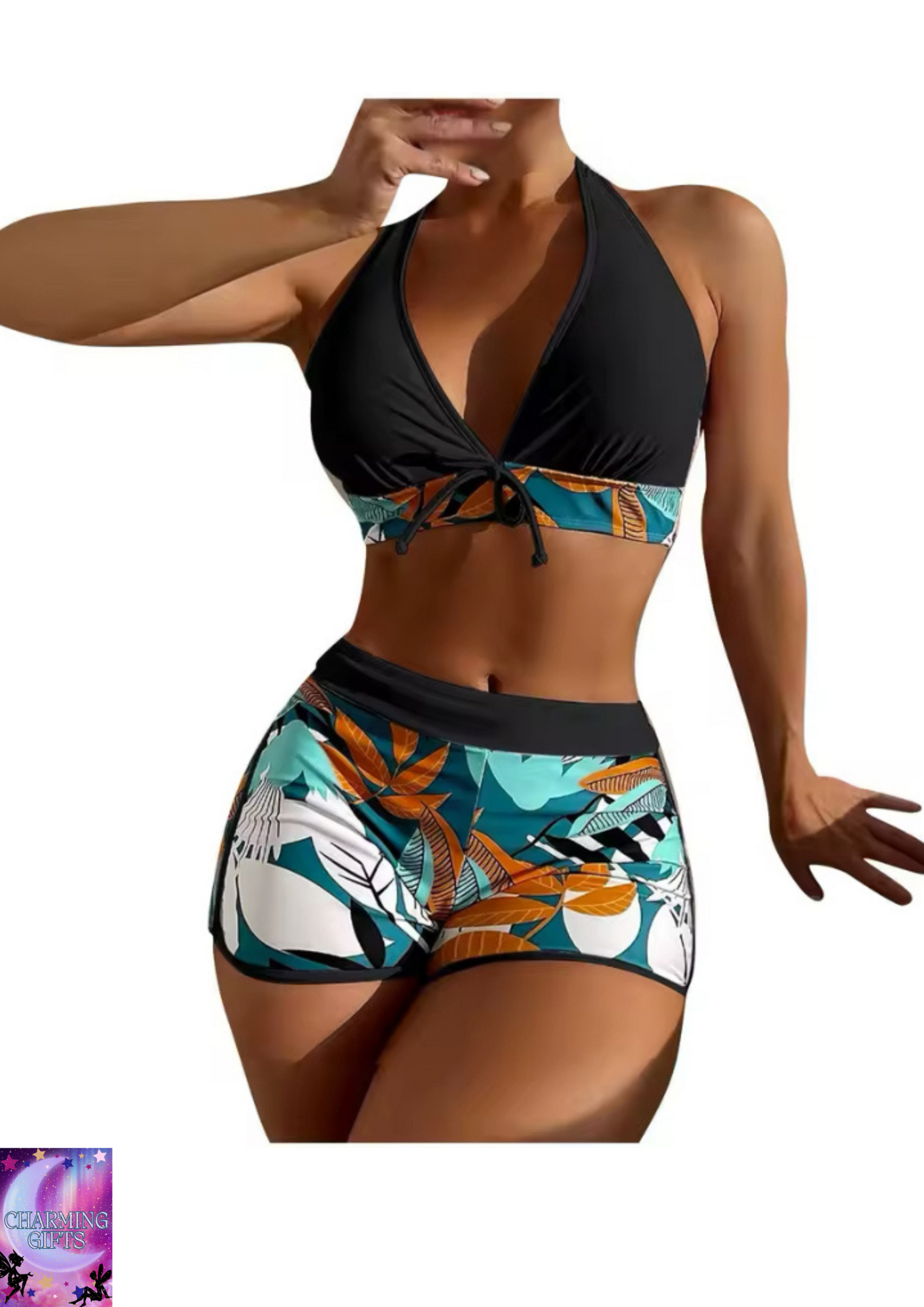 Women's Paneled Printed Swimsuit Ladies Fashion Sexy Split Boxer High Waist Swimsuit Two-Piece Set V-Neck Bathing Suits Female