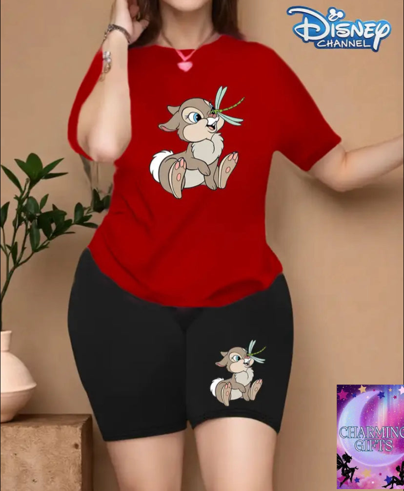 Cute thumper  Print Short Sleeve Women'S T-shirt, Large Size Women'S Round Neck T-shirt Shorts Set, Simple Fashion Summer Casual Sports Two-Piece Set Perfect Choice