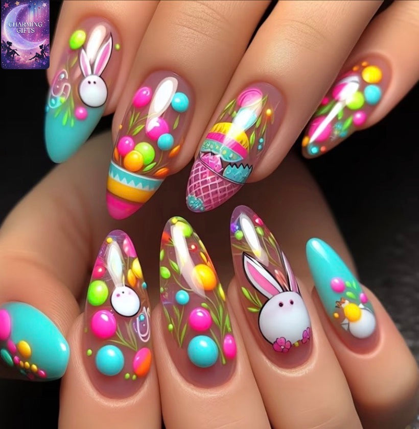 24pcs Easter Bunny Press On Nails with Bunnies, Eggs & Ball Decor - Almond Shape Medium Length Fake Nails Suitable for Spring Parties, Easter Egg Hunts & Spring Events - Application for &