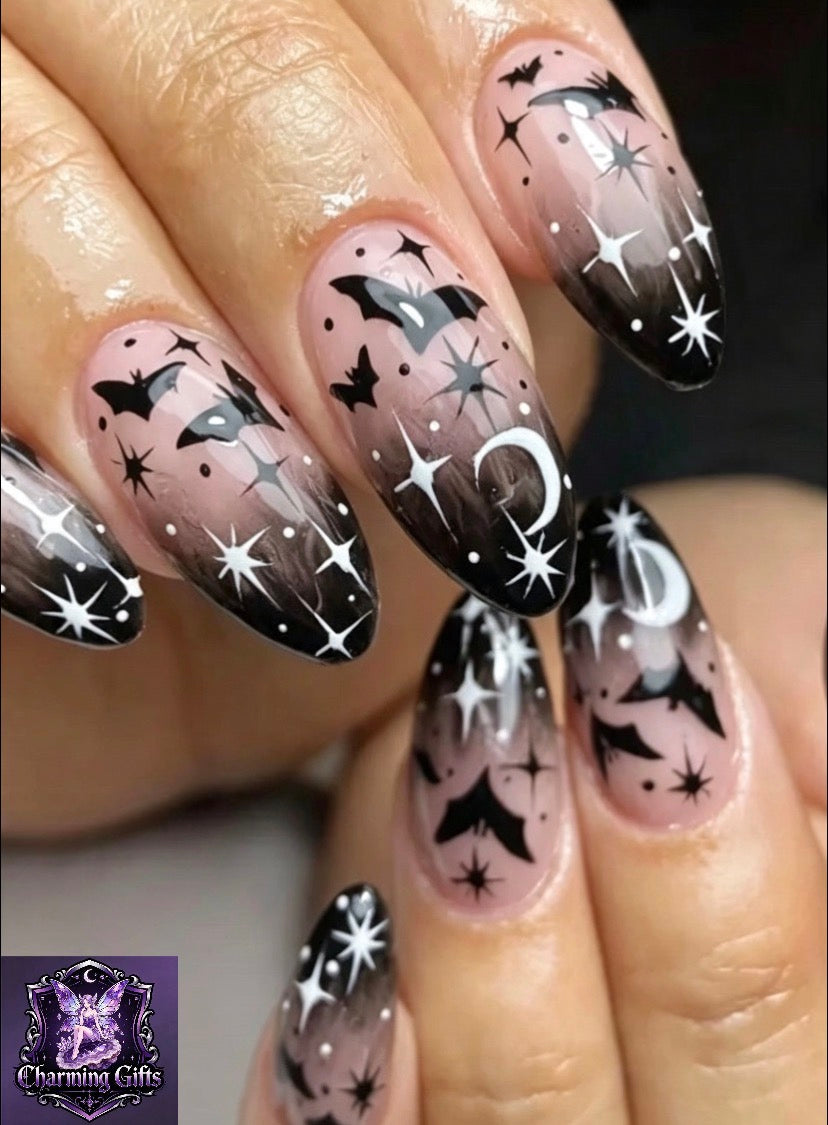 Halloween Press On Nails, Gothic Nails, 24pcs Set Black Magic Bats Press-On Nails, Almond Shaped Middle-Length, Mixed Color Glossy Finish with Moons and Holiday Elements - Festive Halloween Nail Art Design