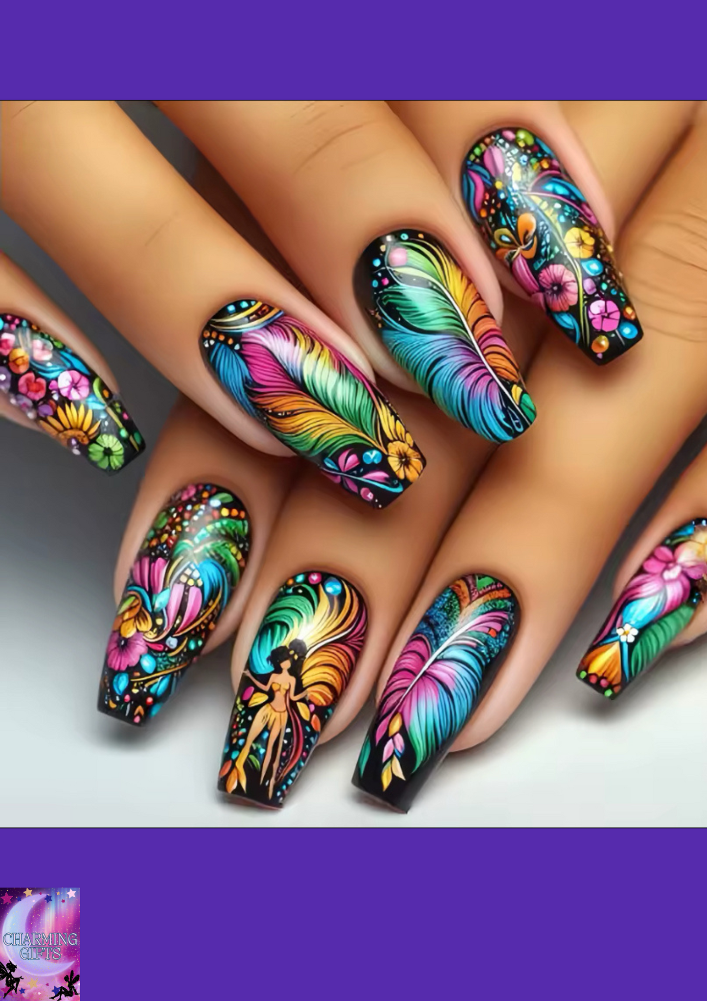 24pcs/set medium long fake nails fashion butterfly feather forest sea wave design gradient blue purple green press on false nail