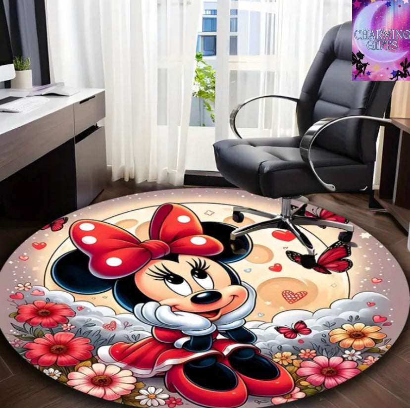 1pc Disney Minnie Mouse Floral Moon Butterfly Heart Round Rug - Anti-Slip, Soft Polyester Chair Mat for Office or Home, Durable 800g/m² Crystal Velvet Floor Mat with Vibrant Printed 80cmx80cm