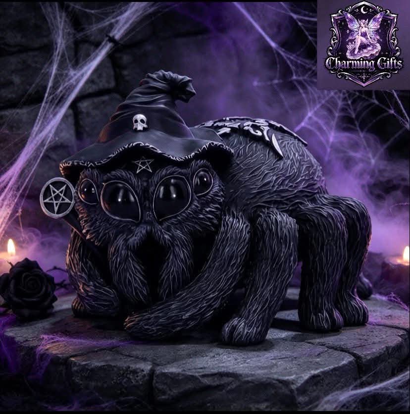🕷️ Gothic Witch Hat & Spider Statue — Spooky Tabletop Decor & Gift