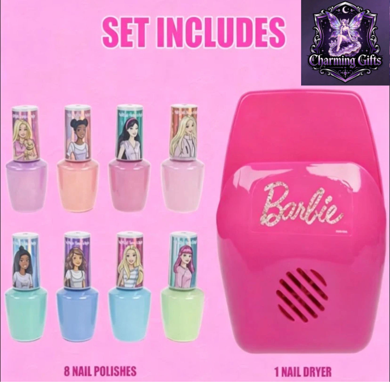Barbie 8 pcs Non Toxic Nail Polish Set for Kids with Nail Dryer