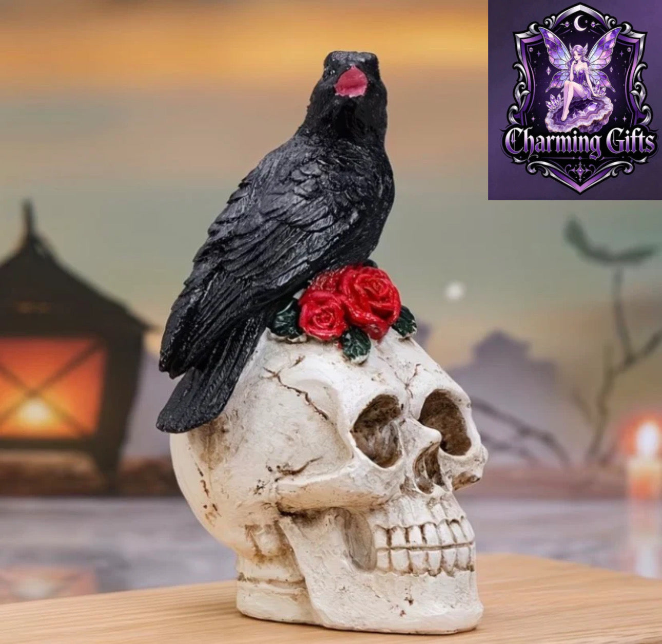 A Creative Resin Craft Featuring a Skull, Crow, And Rose for Halloween Scene Decoration, Suitable for Home Decor
