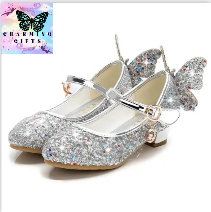 Princess Butterfly Leather Shoes Kids Diamond Bowknot High Heel Children Girl Dance Glitter Shoes Fashion Girls Party Dance Shoe