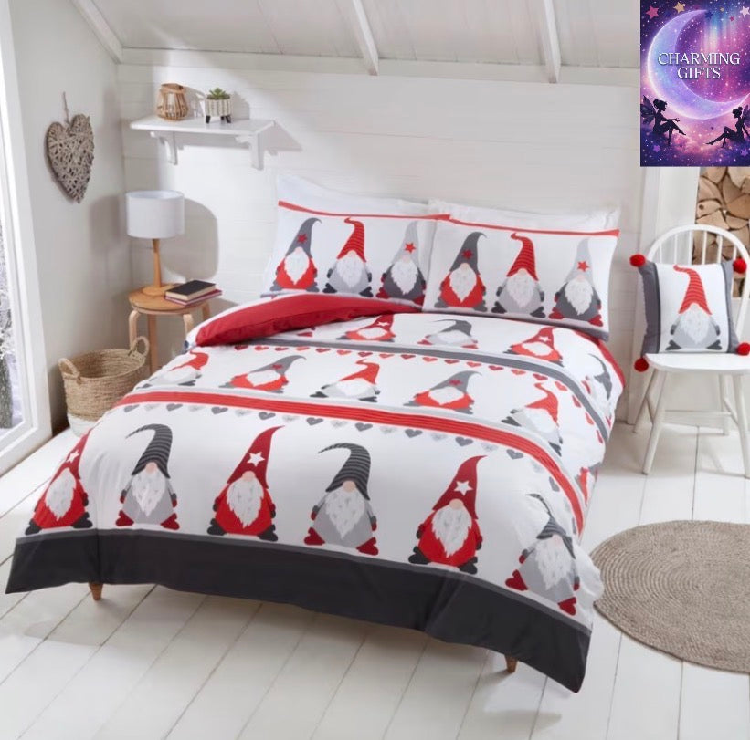 Gonk Gathering Polycotton Duvet Cover Set – Festive Christmas Gnome Bedding | Reversible Red & Grey Nordic Design | Double & | Includes Matching Pillowcases | Easy-Care, Durable & Machine Washable |