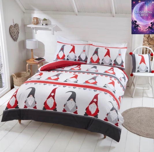 Gonk Gathering Polycotton Duvet Cover Set – Festive Christmas Gnome Bedding | Reversible Red & Grey Nordic Design | Double & | Includes Matching Pillowcases | Easy-Care, Durable & Machine Washable |