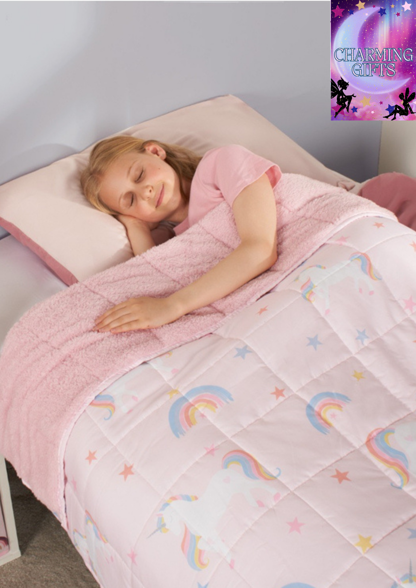 Kids Teddy Fleece Unicorn Weighted Blanket, Blush - 3kg