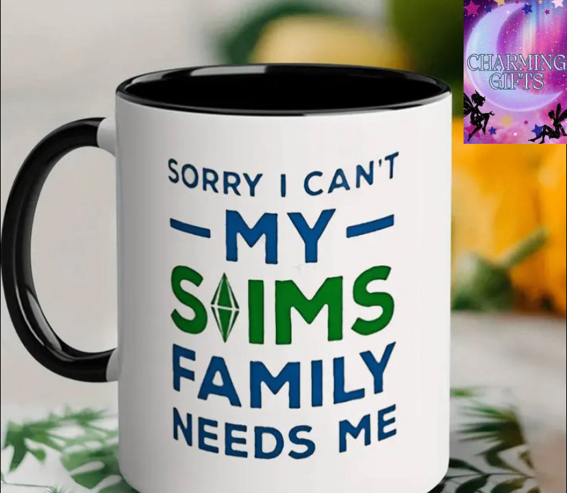 "Sims Family Needs Me" 11oz Ceramic Coffee Mug - Microwave & Dishwasher Safe, White with Bold Blue & Green Text, Perfect Gamer Gift for Sims Fans