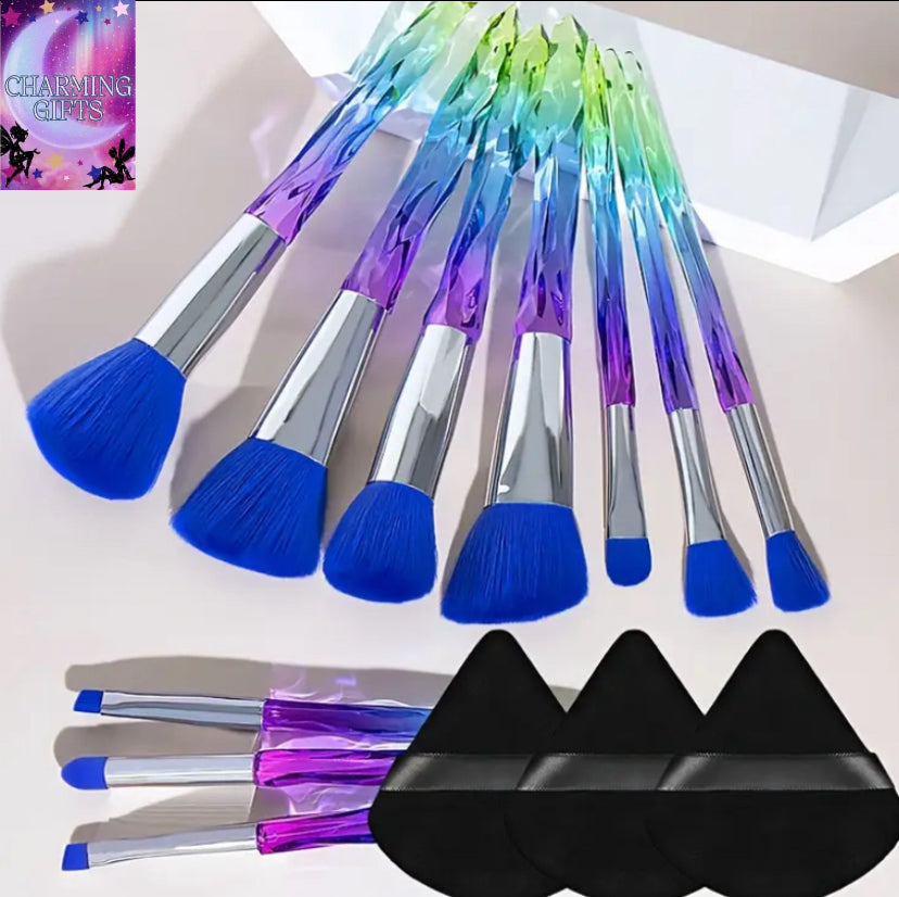 10 transparent ice cone shaped gradual  makeup brushes, flawless foundation make-up brush, powder blusher brush, powder brush, eye shadow brush set, glass shaped transparent handle - and powder puffs